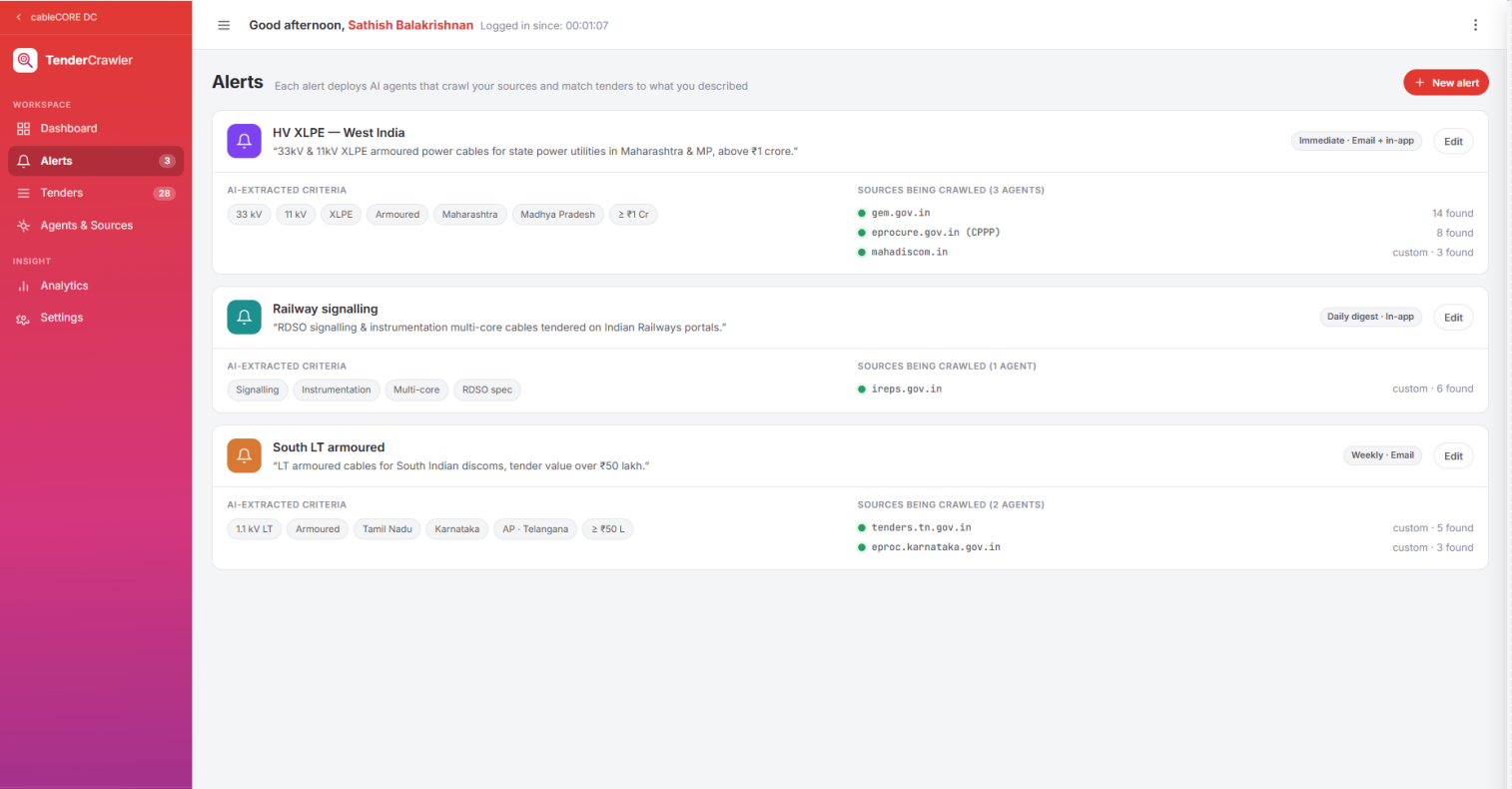 Agents and sources screen showing monitored tender portals