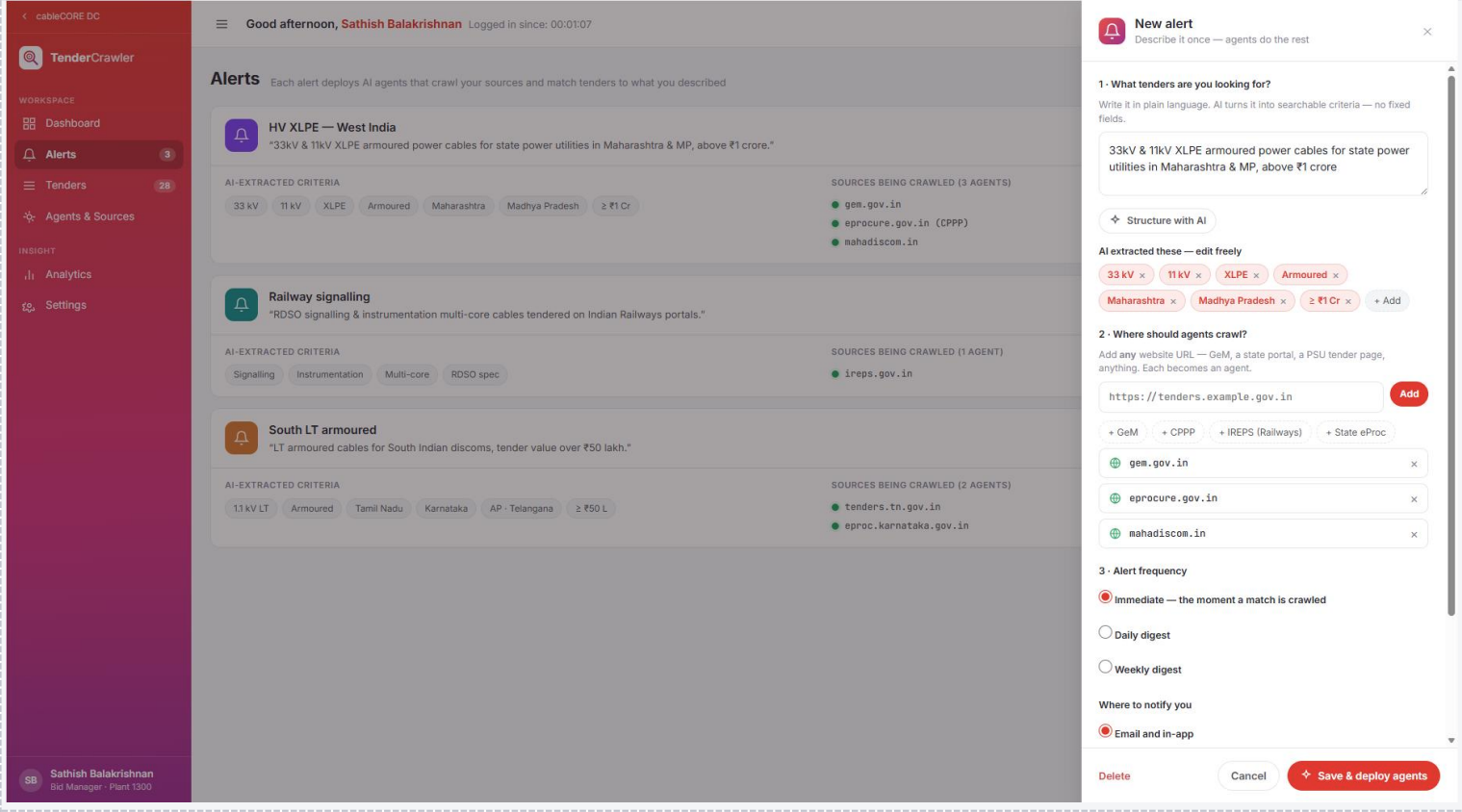 Create alert screen for defining tender criteria and sources